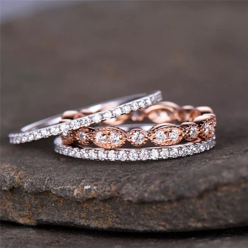 3 Piece Rose Gold Silver Midi Ring Set